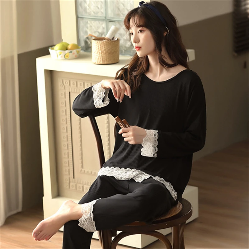 2020 Herfst Nieuwe Modal Pyjama Vrouwen Ronde Hals Koreaanse Stijl Eenvoudige Fashion Home Service Pak Losse Sexy Lace Edge Nachtkleding