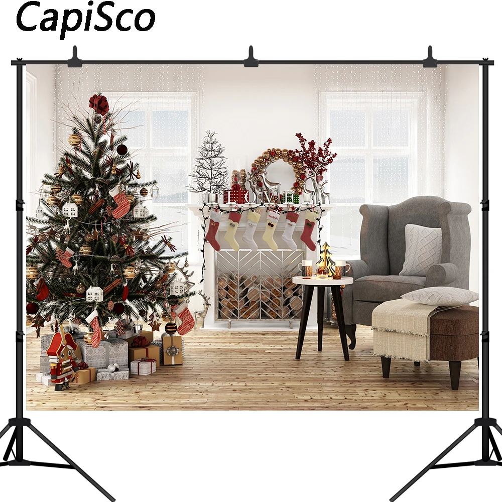 Capisco Photography Background Christmas Tree Wreaths Fireplace window Socks Birthday Party Backdrop Photocall Photo Studio