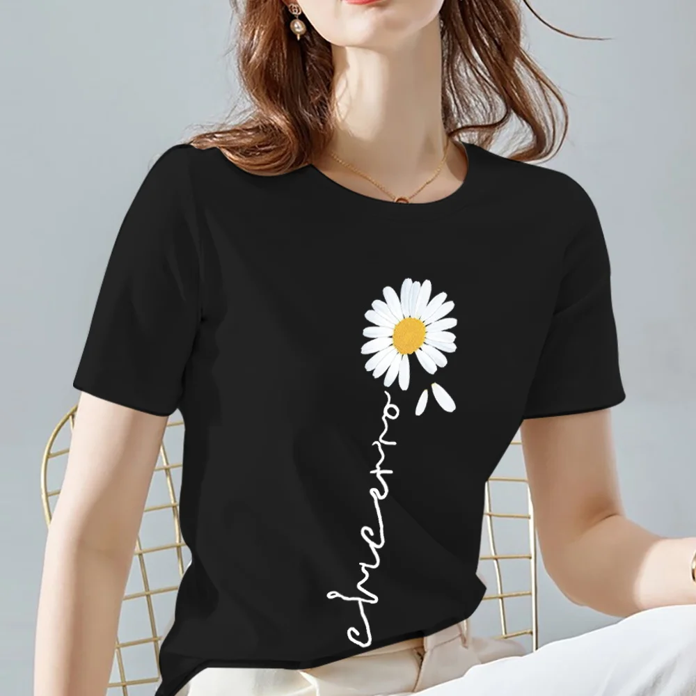 Women T-Shirt Vintage Daisy Flower Pattern Print Series Summer Black All-match O Neck Short Sleeve Tees Casual Tops XXS-3XL