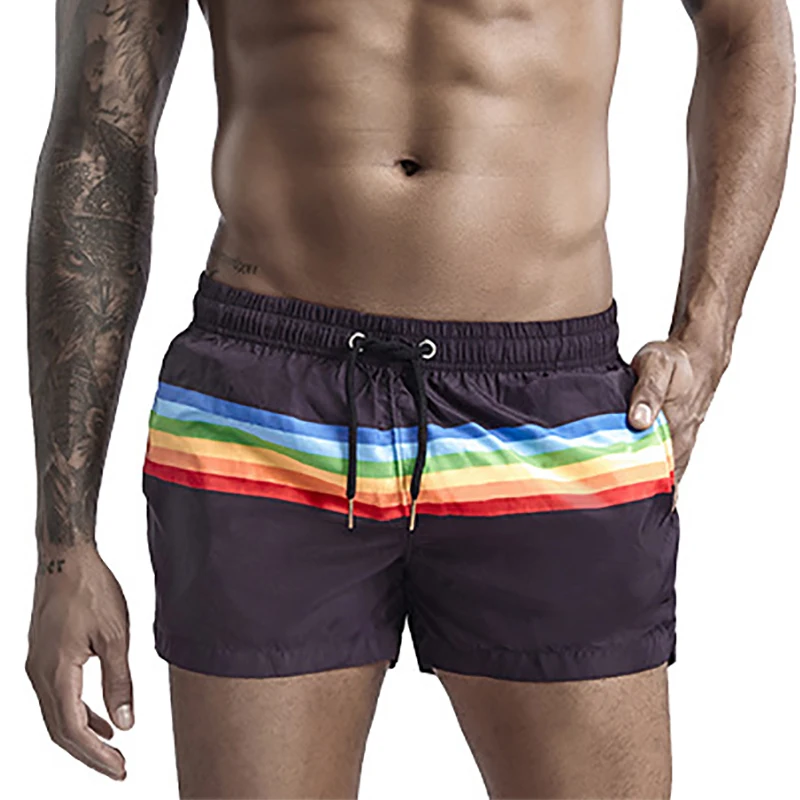 Men Causal Shorts Rainbow Striped Running Sports Gym Pocket Boxer Shorts Workout Jogging Fitness Trunks Pants Homewear Plus Size