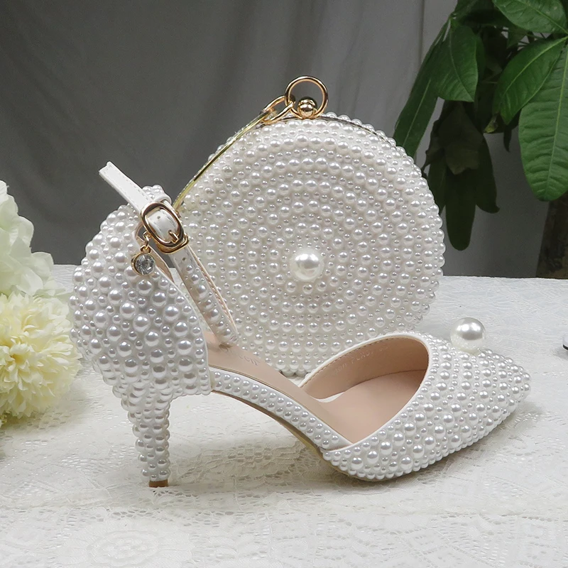 BaoYaFang White Pearl women wedding shoes And Bags Bride High heels shoes ladies party dress shoes woman Sweet Fashion Pumps