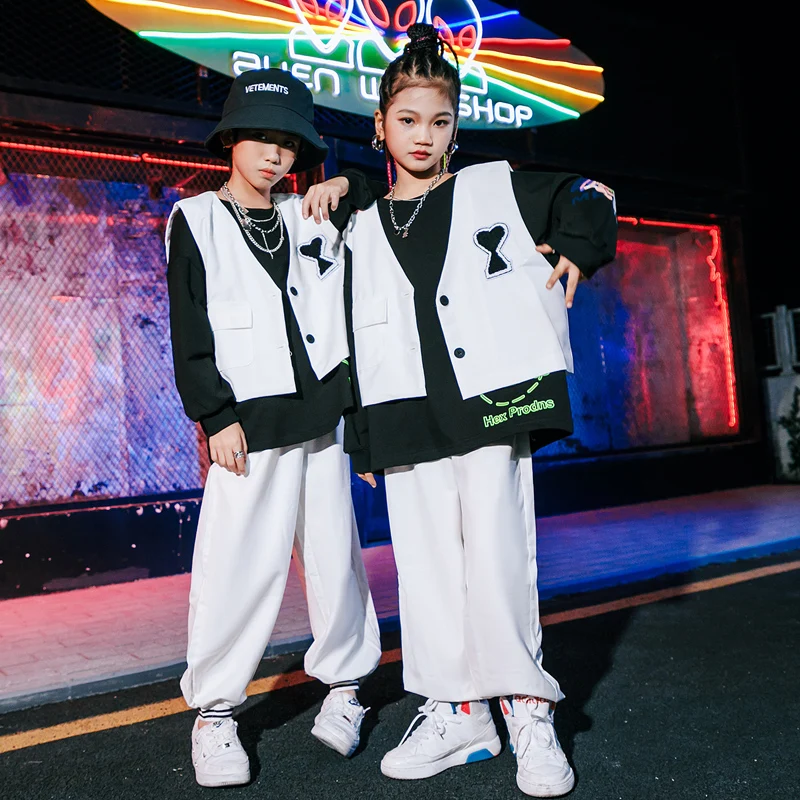 Costumes de danse Jazz pour enfants, gilet blanc, pantalon ample, tenue de danse de rue, salle de bal, Hip Hop, vêtements de Rave DN10533, nouvelle collection