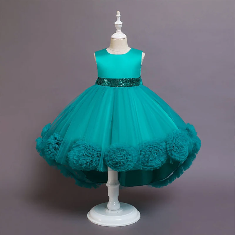 Fluffy Trailing Kids Party Dresses For Girls Birthday Wedding Prom Gown Sequin Belt Princess Bridesmaid Dress Children Costumes