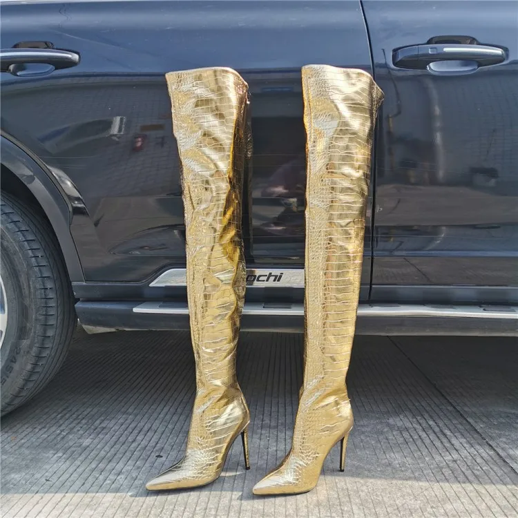 Overknee Stiletto Gold Leather Female Thigh High Crotch Boots Pointed Toe Sexy Ladies High Heel Runway Trendy Shoe Woman Size15