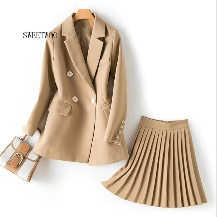 

Women's Sets Single Button Solid Blazer High Waist Pleated Skirt Two Piece Set Fashion Women 2 Piece Skirt Sets