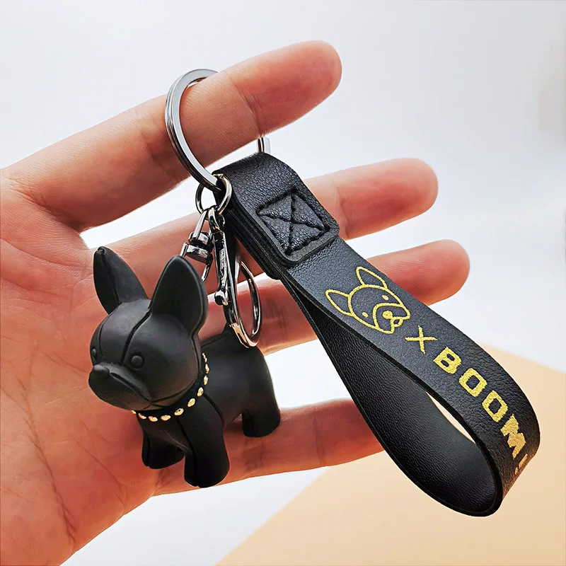 Cute French Bulldog Keychains PU Leather Rope Key Rings Punk Style