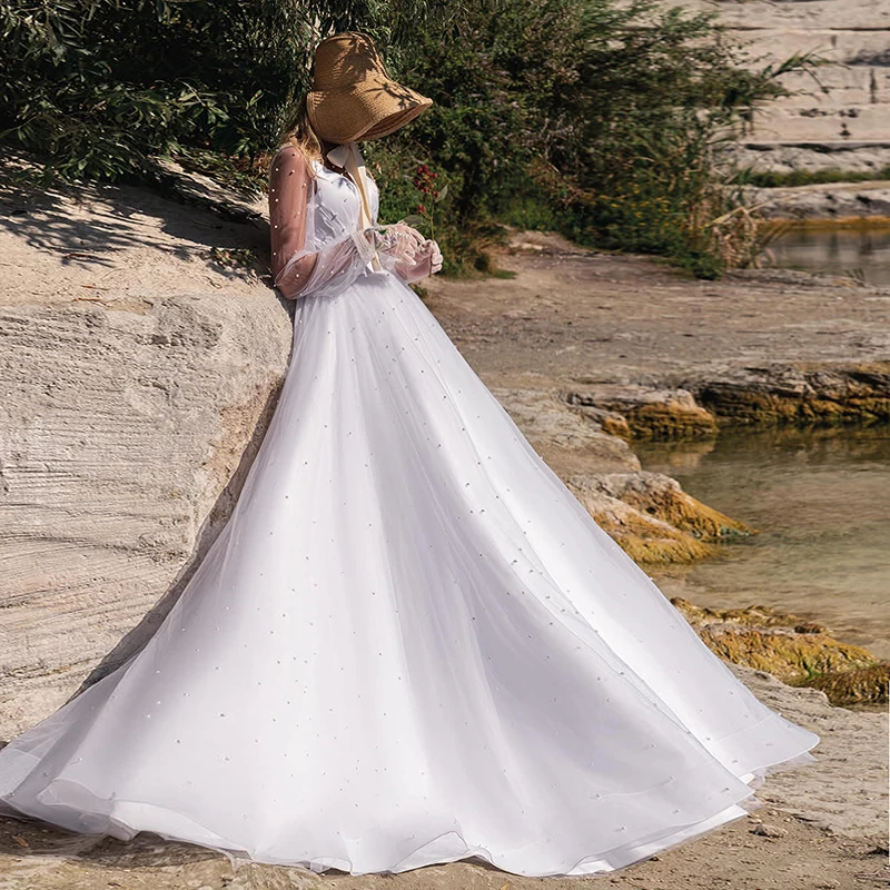 

Beautiful Pearls Long Sleeves Wedding Dresses Vestido de Novia A Line Tulle Low Back Sweep Train Bridal Gowns