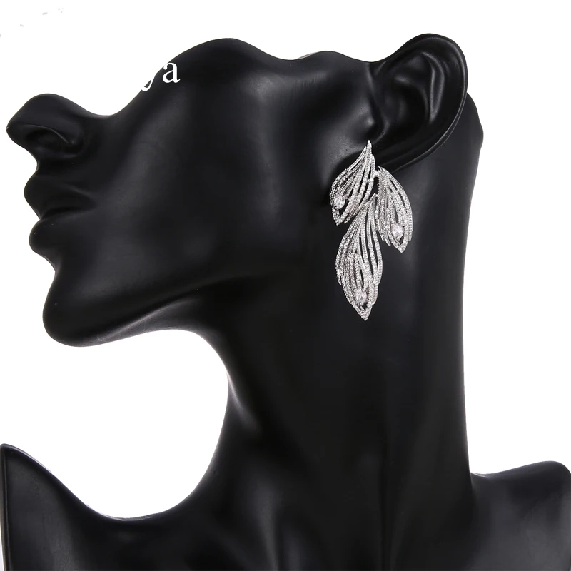 Emmaya Elegant Leaf Shaped Cubic Zirconia Crystal Bridal Long Earrings Luxury Wedding Jewelry for Brides Party Gift