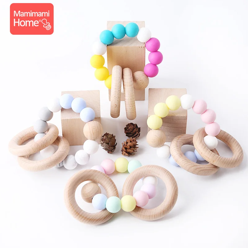 1pc Baby Teether Silicone Beads Bracelets Music Rattle Toys BPA Free Wooden Teetheing Ring Rattle Gym Baby Teether Newborn Gifts