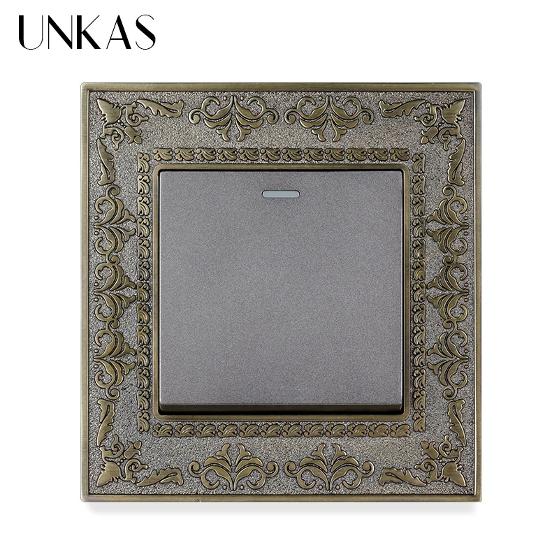 UNKAS 1 Gang 1 Way / 2 Way Wall Light On / Off Switch Grey 4D Embossing Panel Retro Zinc Alloy Luxury Pass Through Gray