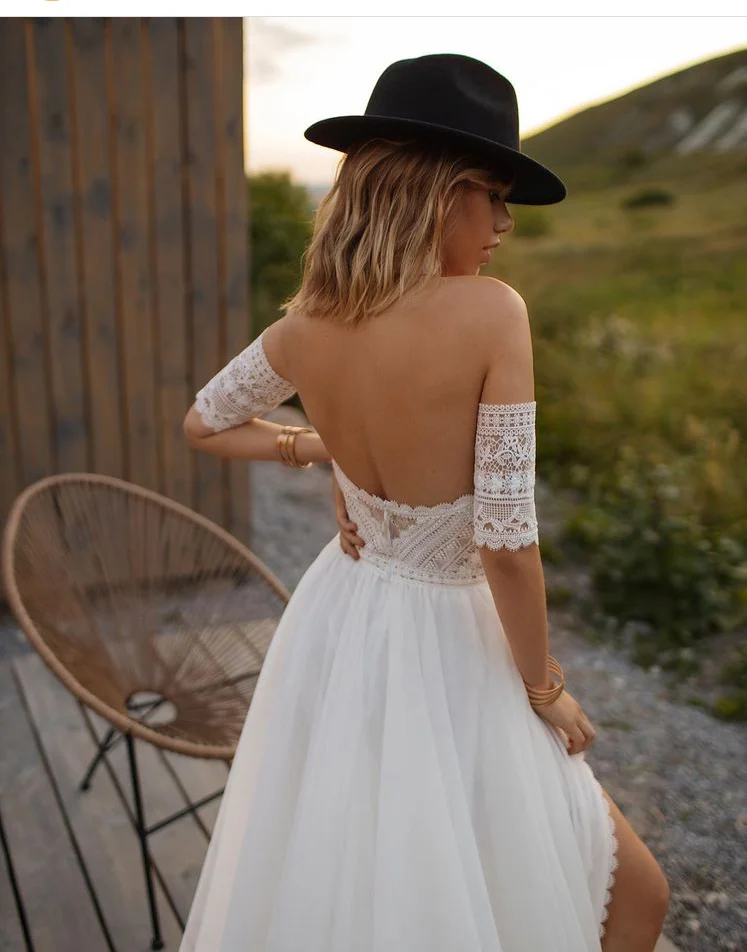 Boho Sweetheart abito da sposa 2024 Front Split Lace Tulle maniche corte Sweep Train Backless abito da sposa nuovo arrivo Beach