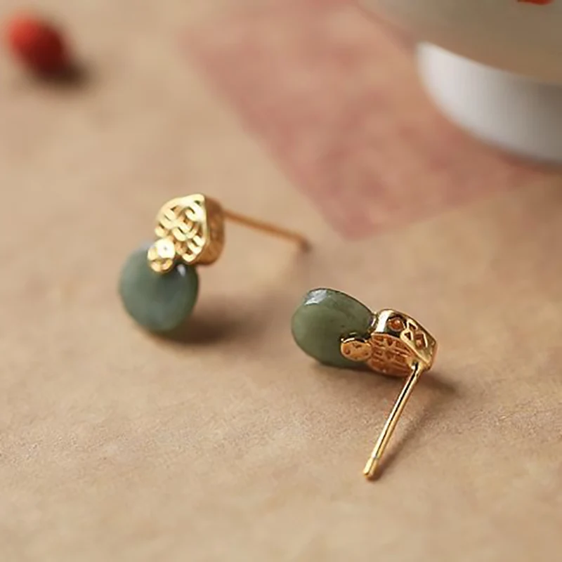 فريدة من نوعها الحرفية الطبيعية Hetian جاسبر القرع الجوف النحاس عملة أقراط النمط الصيني رائعة السيدات العلامة التجارية مجوهرات