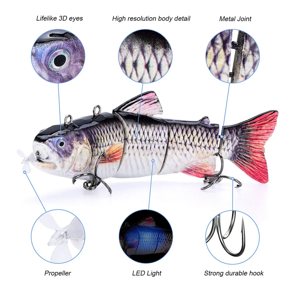 Electric Lure Wobblers For Fishing 4-Segement Swimbait Rechargeable lure Crankbait Flashing LED light Robotic Fishing lure