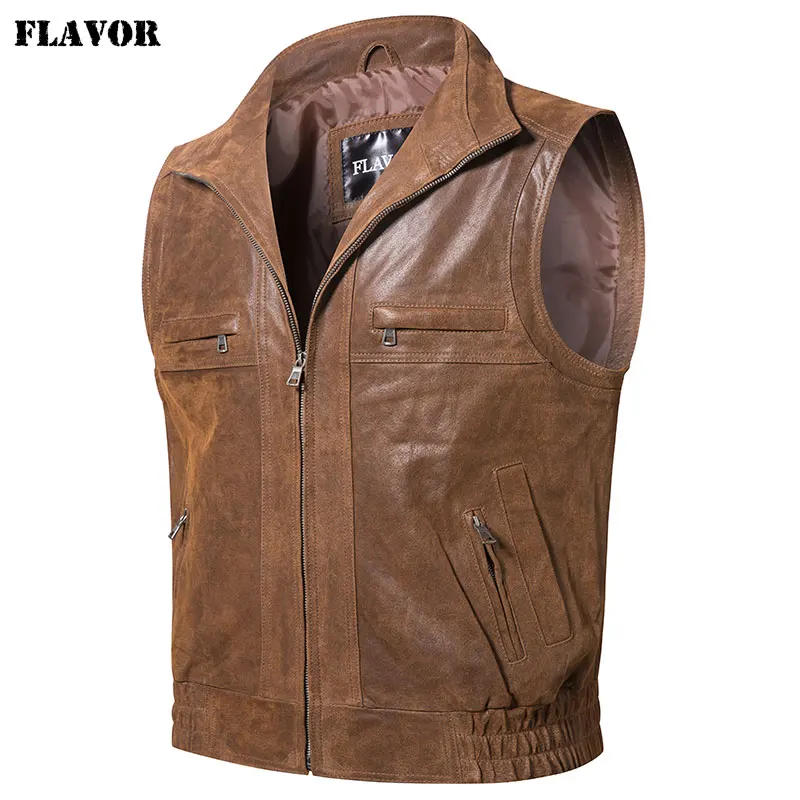 FLAVOR Men's Leather Retro Vest Stand Collar Men's Motorcycle Casual Vest