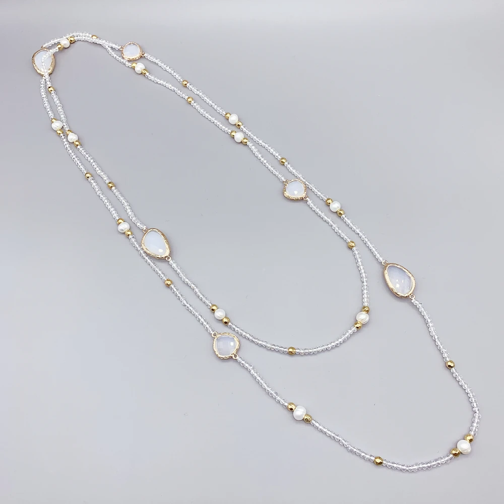 FoLisaUnique Clear Crystals White Pearls Gold Filled Beads Stone Quartz Moonstone Necklace Trendy