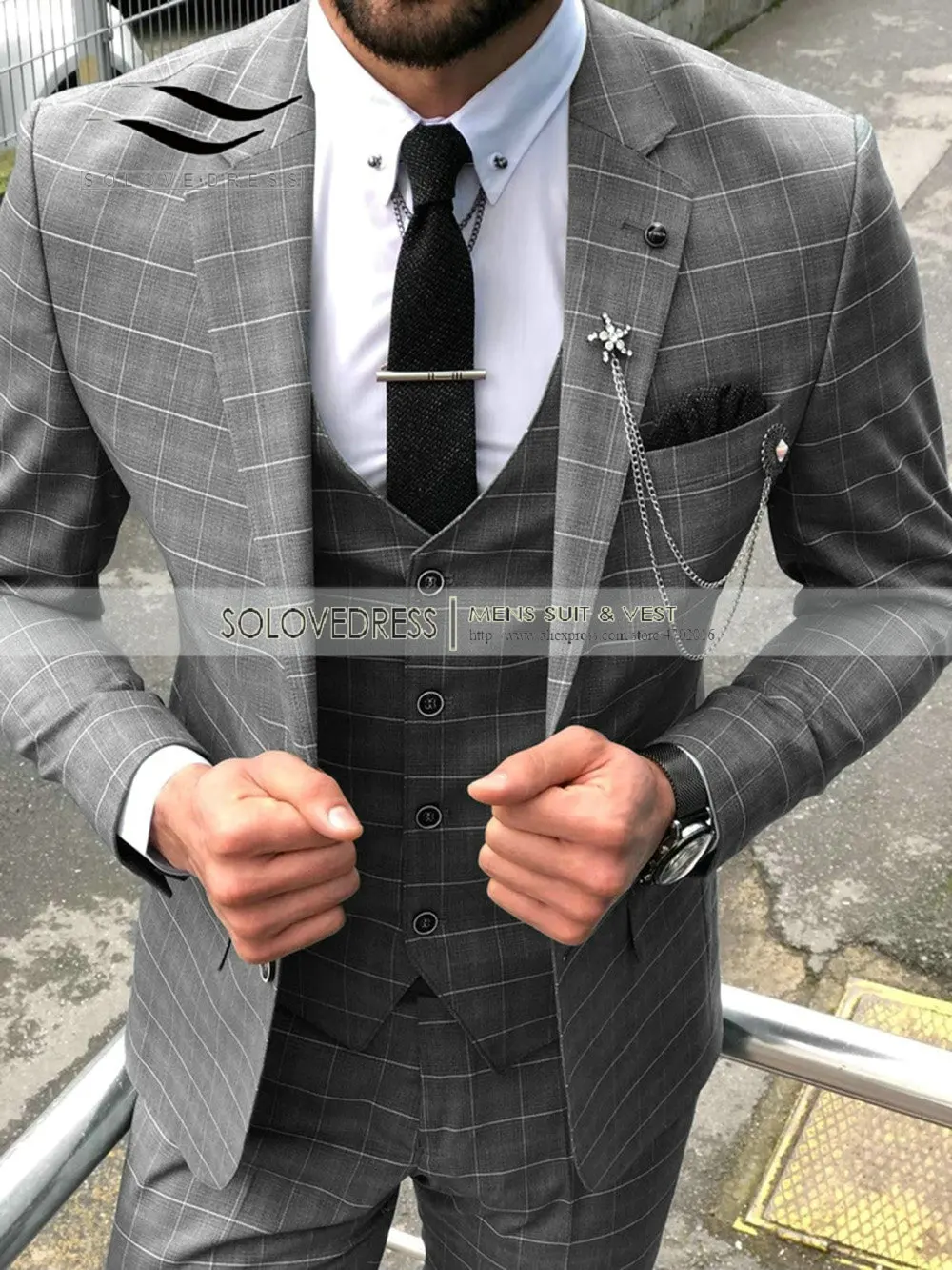 Men\'s Plaid Suits Slim Fit Prom Tuxedos 3 Piece Solid Notch Lapel Tuxedos For Wedding Grooms(Blazer+vest+Pants) Blue/Champagne