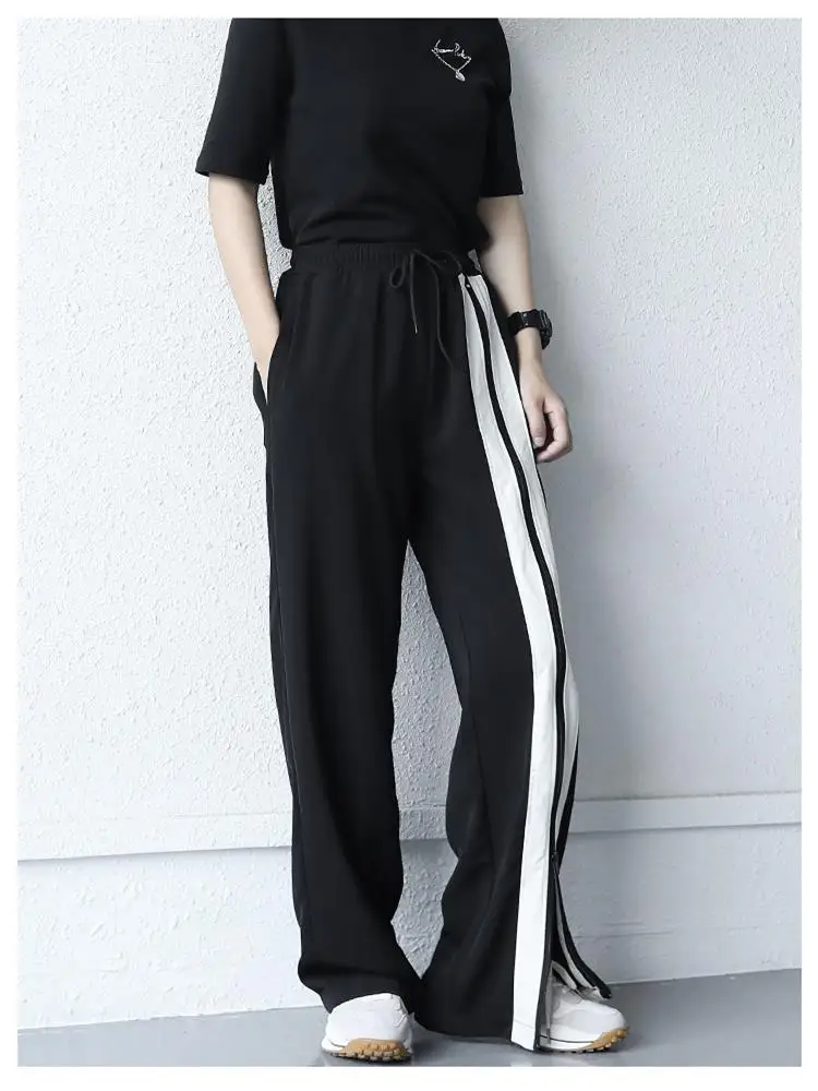 

Ladies Straight Sports Pants Spring And Autumn New White Stripe Split Design Couples With a Casual Large Size Pants