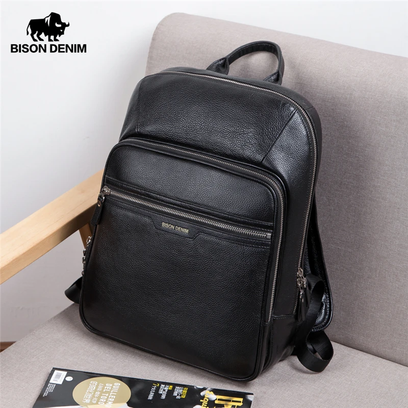 BISON DENIM Genuine Leather women men Backpack 14 Inch Laptop Backpack Travel School Backpack Waterproof Fashion Backpack N2337