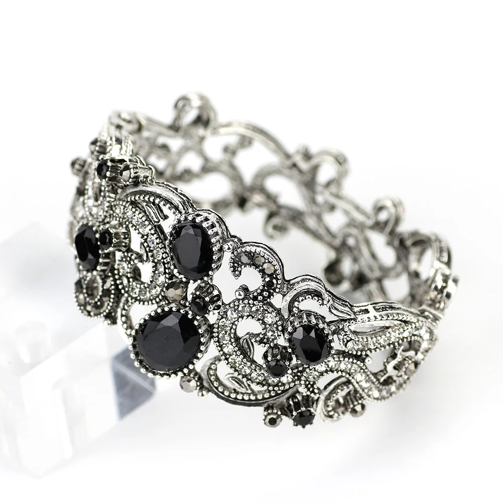 Sunspicems Retro Bohemia Black Crystal Bracelet Vintage Turkish Bangle For Women Hollow Flower Cuff Bracelet Antique Gold Color