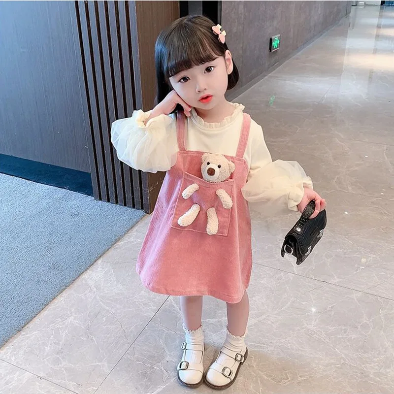 Girls Autumn Dresses Kids Clothes Winter 2021 New Corduroy Princess dress Fake 2 pieces for Children Clothing Baby Girl Dress