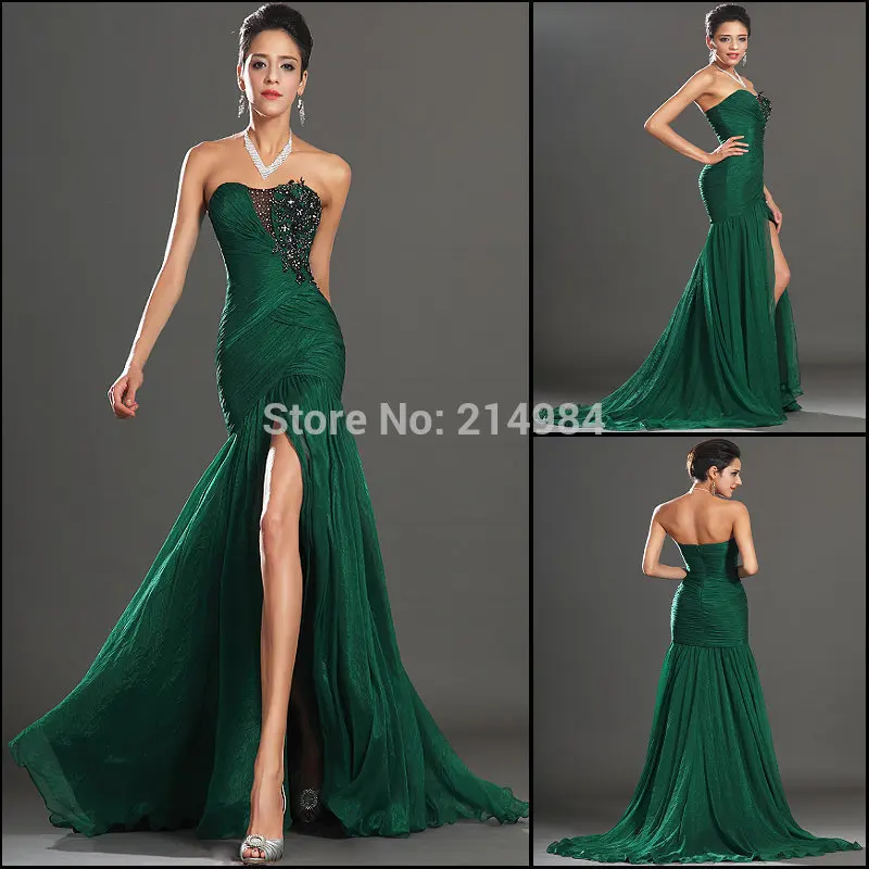 Vestido de noiva spedizione gratuita nuova vendita calda Sexy sirena ricamo nero abito da sera a sirena in Chiffon pieghettato verde scuro 2018