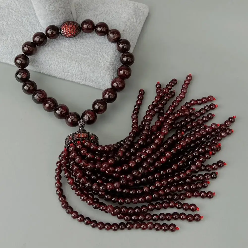 

Y.YING Natural Round Garnet Bracelet Cubic Zirconia Pave Cap 4mm garnet Tassel Mala Stretch Adjustable