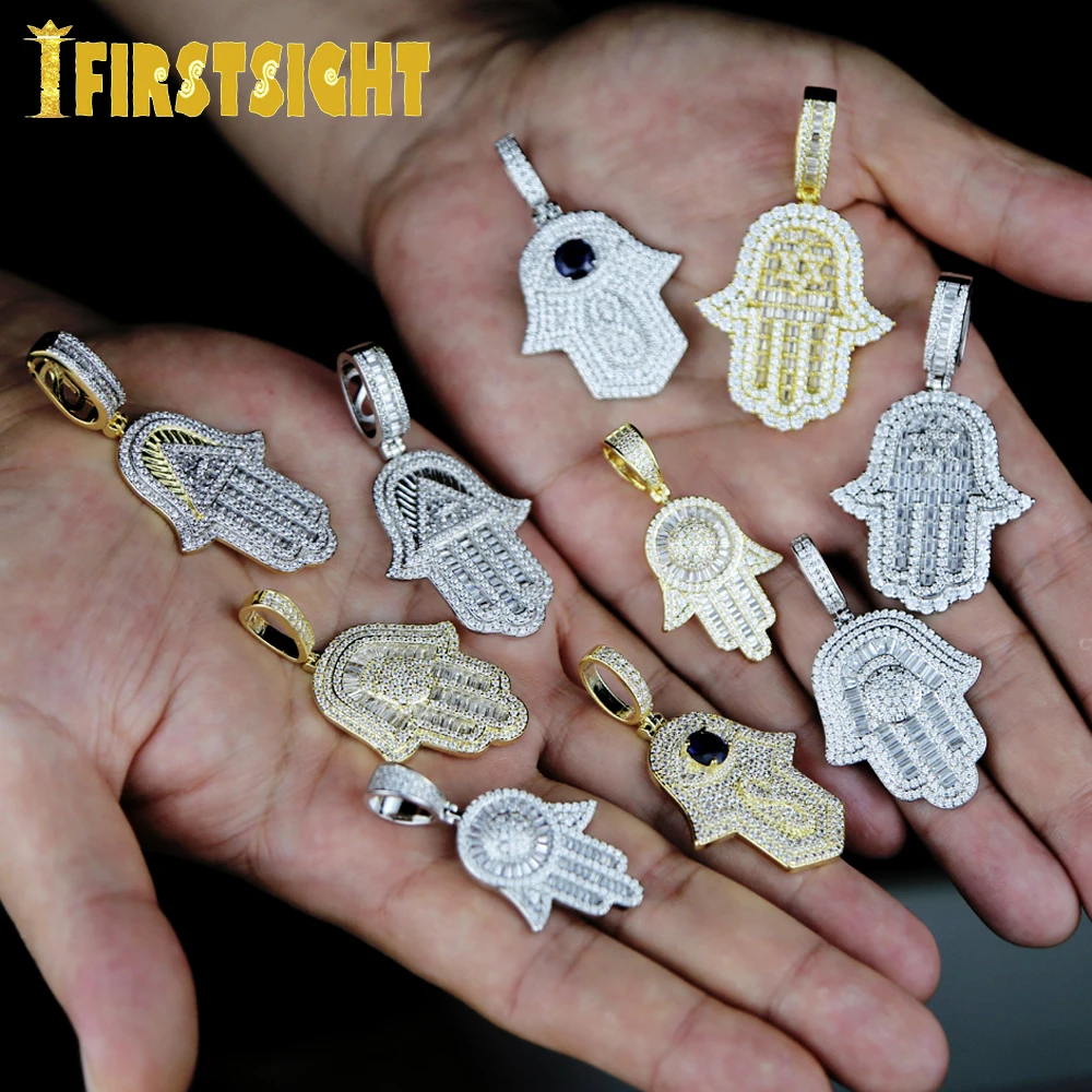 New CZ Eyes Of The Angel Of Fatima Pendant Necklace Iced Out Bling Cubic Zirconia Hamsa Hand Charm Hip Hop Women Men Jewelry