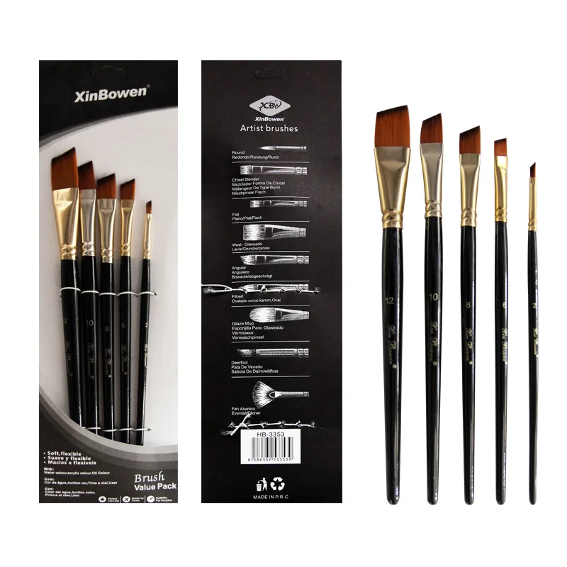 5/6pcs Artist Paint Brushes Set Professional Round Flat Angle Filbert Nylon Hair Wood Black Handle Painting Brush for Watercolor