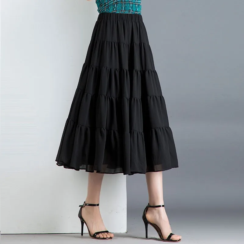 2024 Fashion Women Chiffon A-line Long Skirt High Waist Ruffled Elegant Skirt Female Casual Loose Clothes jupe femme longue chic