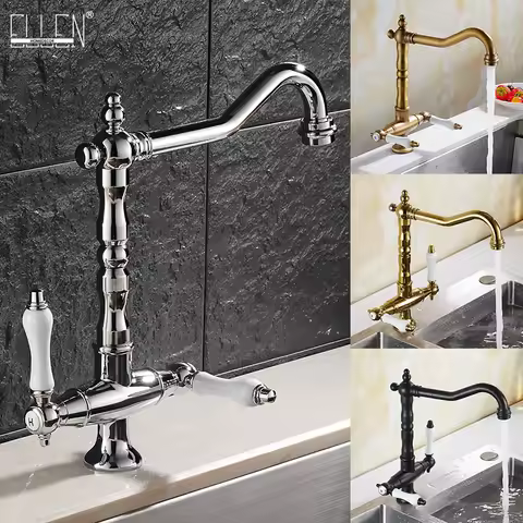 Dual Handle Kitchen Faucet Deck Mounted Single Hole Hot Cold Water Mixer Crane Kitchen Sink Faucets Antique Bronze Black ELK9088