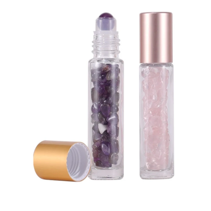 500pcs/lot 10ML Empty gem Roller bottles Essential Oil  glass bottle Transparent Thick gemstone jade crystal bottle Gold cap