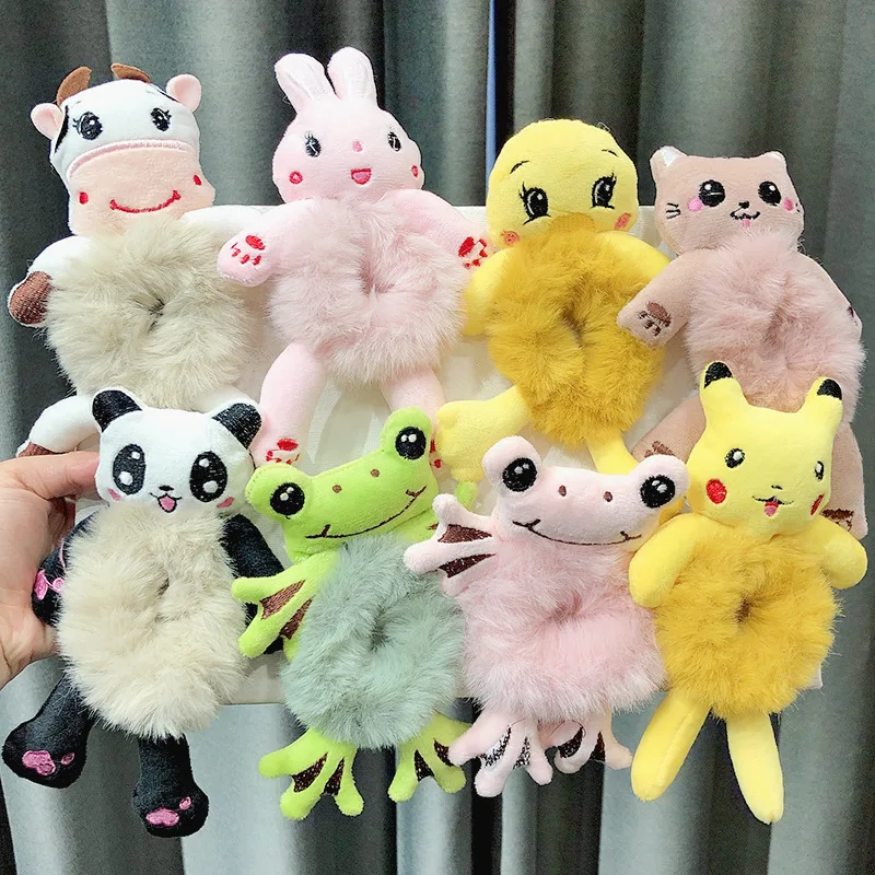 New Korea Cartoon Bear Frog Hair Band Hairwear for Women Girls Children Lovely Fluffy Animal Elastic Hair Rope Hair Accessories