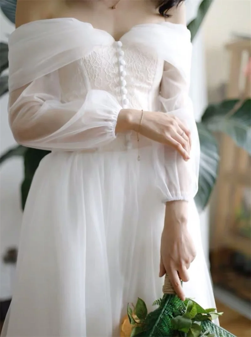 Off-Shoulder Tea długość suknia ślubna 2021 elegancki prosty dekolt w serek z długim rękawem linia suknie ślubne vestidos de mairee Wedding