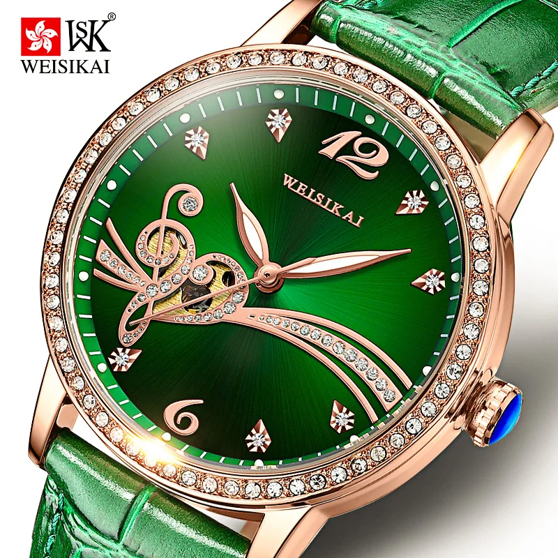 Women Automatic Watches Fashion Luxury Rhinestone WEISIKAI Brand Luminous Hands Hollow Love Face Lady Mechanical Wristwatch 6022