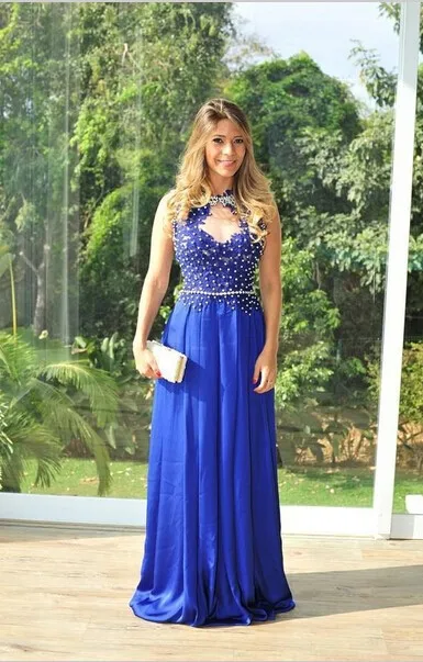 2015 Sexy Fashion Lange Blauwe Prom Dresses See Through Back Ontwerp Pageant Jurken Voor Dames Handgemaakte Royal Blue Avondjurk