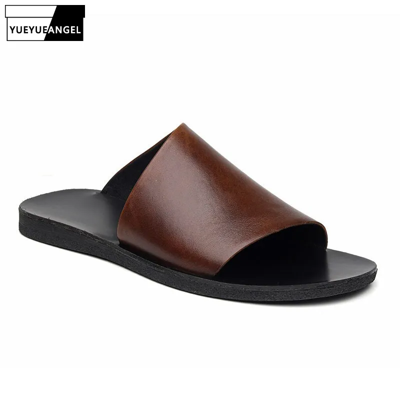 Mens Summer New Genuine Leather Classic Vintage Non-Slip Concise Fashion Male Slippers High Street Casual Korean Style