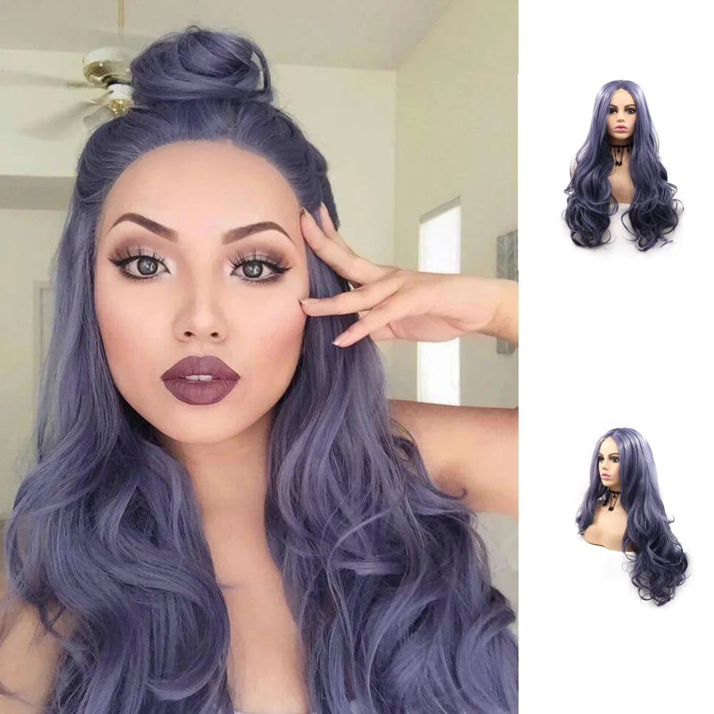 

Purple Small Lace Front Wig Long Wavy Wig with Baby Hair Blue Natural Hairline Lace Middle Part Makeup Wig for Women 24 Inch