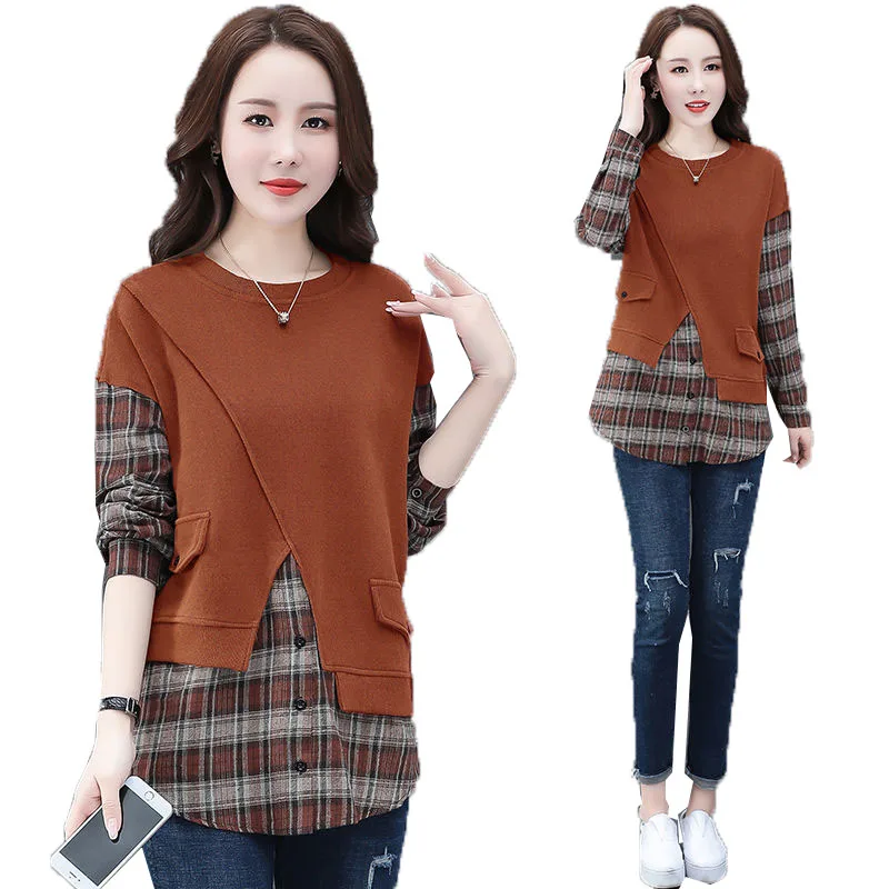 

Women's Fake Two-Piece Sweater Hoodies Spring Autumn Loose Blouses Plaid Long-Sleeved Ladies Tops Female Sweatshirt Ropa Mujer