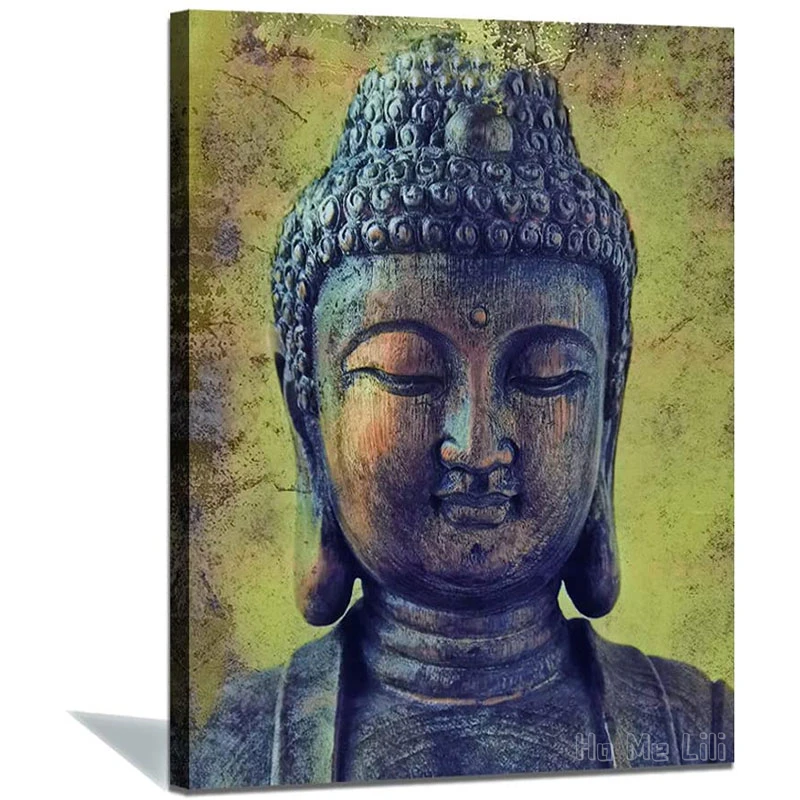 Canvas By Ho Me Lili Wall Art Retro Zen Golden Buddha Head Religious Picture Home Decor