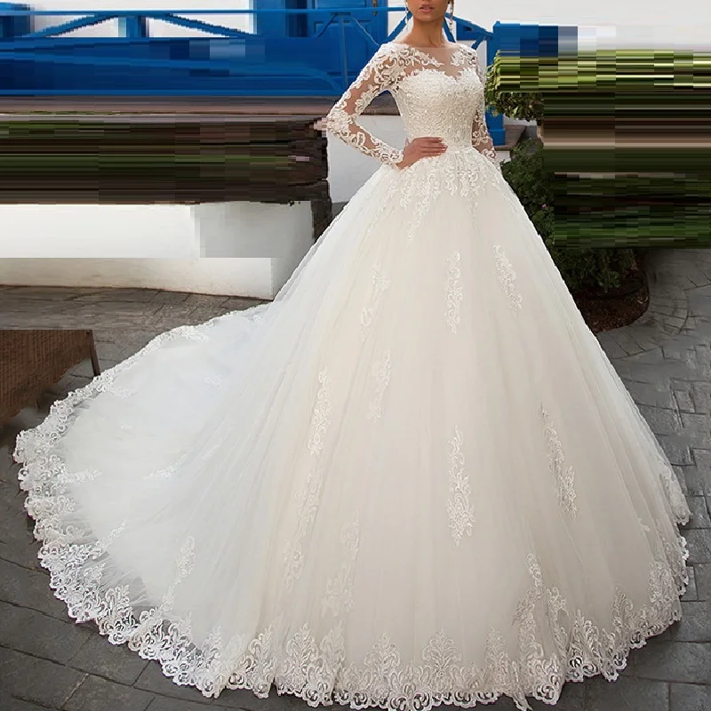 

Double lace layer Princess Ball Gown Wedding Dress Long Sleeve Lace Appliques vestido De Noiva Sweep Train Bride Bridal