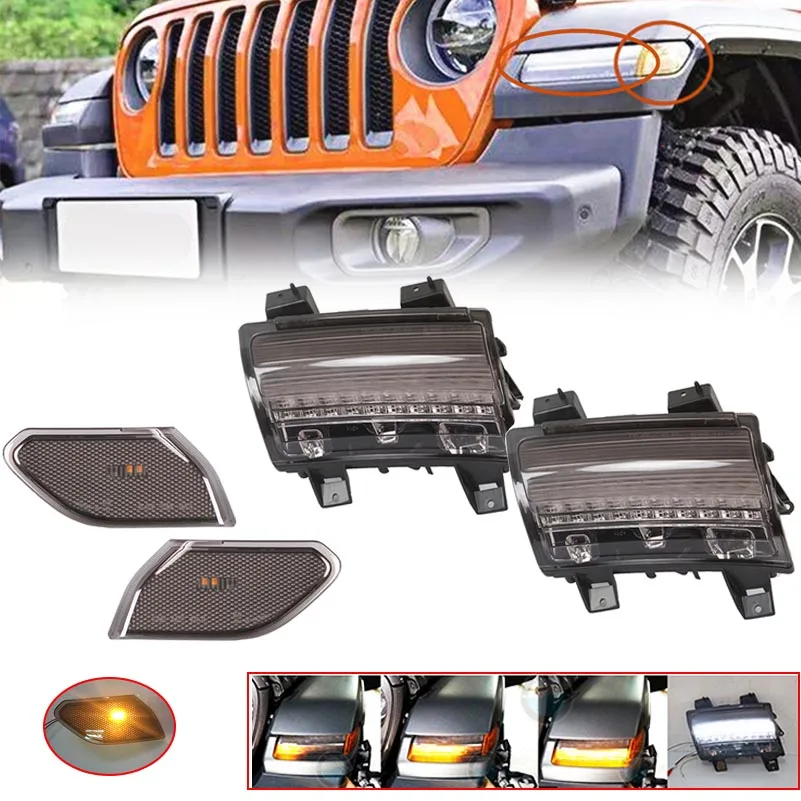 

For Jeep Wrangler JL 2018 2019 Front Fender Flares Smoked Amber Turn Signal Lamp LED Side Maker Lights Daytime Running Light .