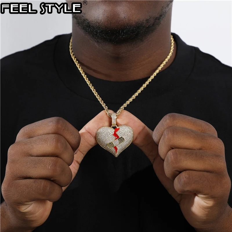 Hip Hop Iced Out Broke Heart Bling Rapper Cubic Zirconia Necklaces & Pendants For Men Charm Jewelry With Solid back