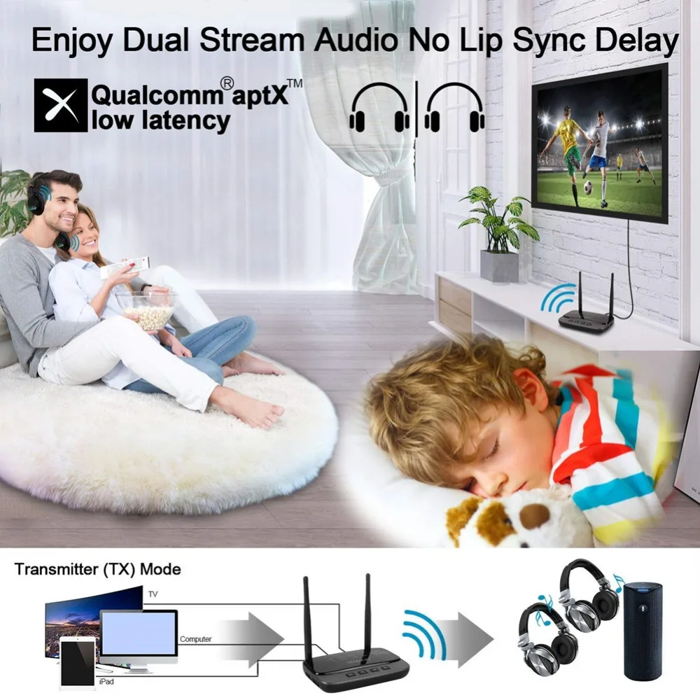 NFC 80M Bluetooth 5.0 Transmitter Receiver Bypass aptX LL HD Wireless Audio Adapter SPDIF RCA AUX 3.5mm For TV PC Car Headphones