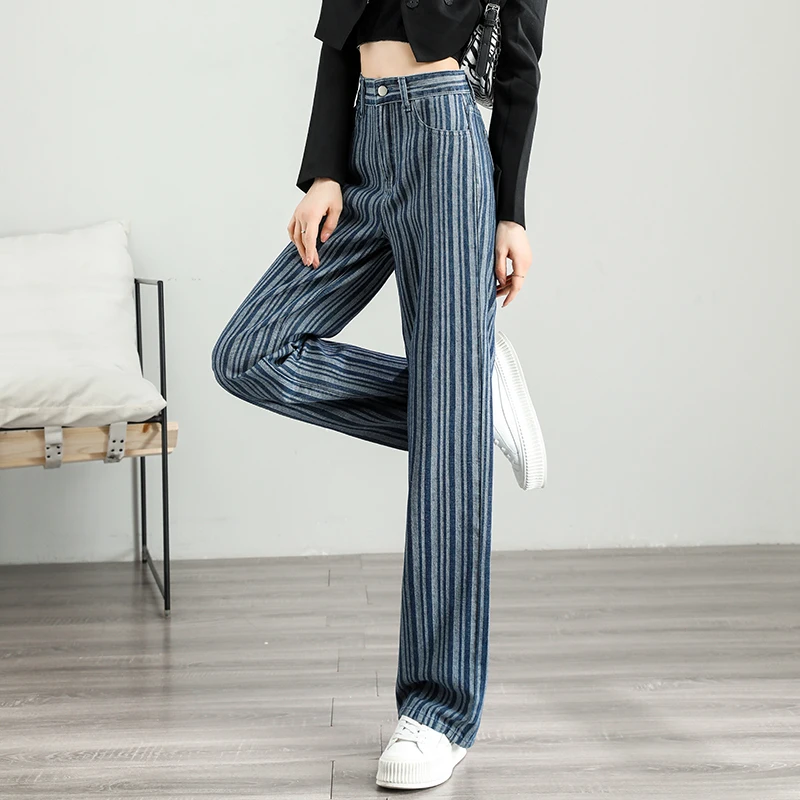 2024 Woman Retro high waist Jeans Fashion Striped wide-leg pants Quality Street Harajuku Straight Pants