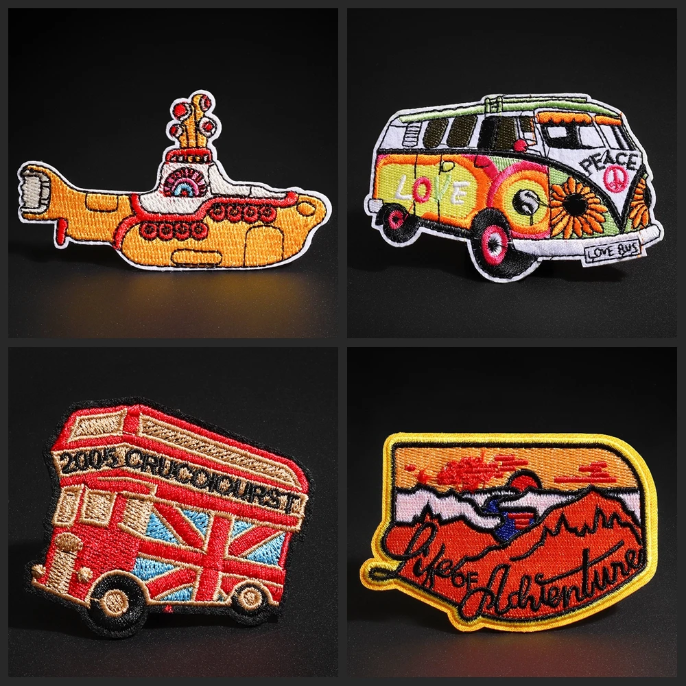 Cartoon bus submarine pattern clothing patches T-shirts Sweater pants Warm color system decorate patch or ironing repair holes