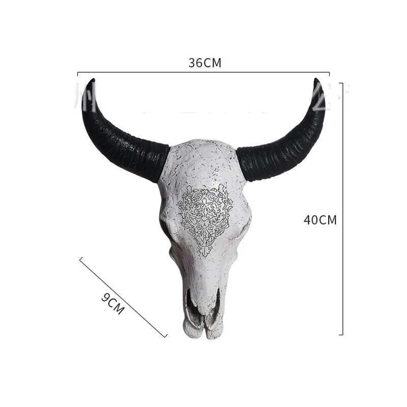 New Long Horn Cow Skull Head Wall Hanging Decoration 3D Animal Wildlife Resin Sculpture Figurines Crafts Horns For Home Ornament