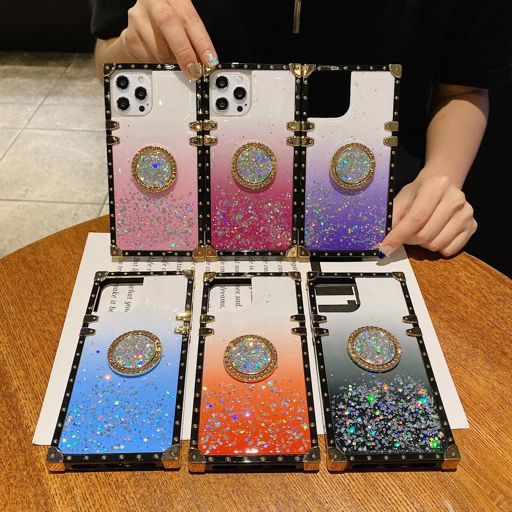 

Luxury square gradient glitter phone case with diamond stand iPhone 13 12 mini 11 Pro Max X XS XR 7 8 Plus drop protection case