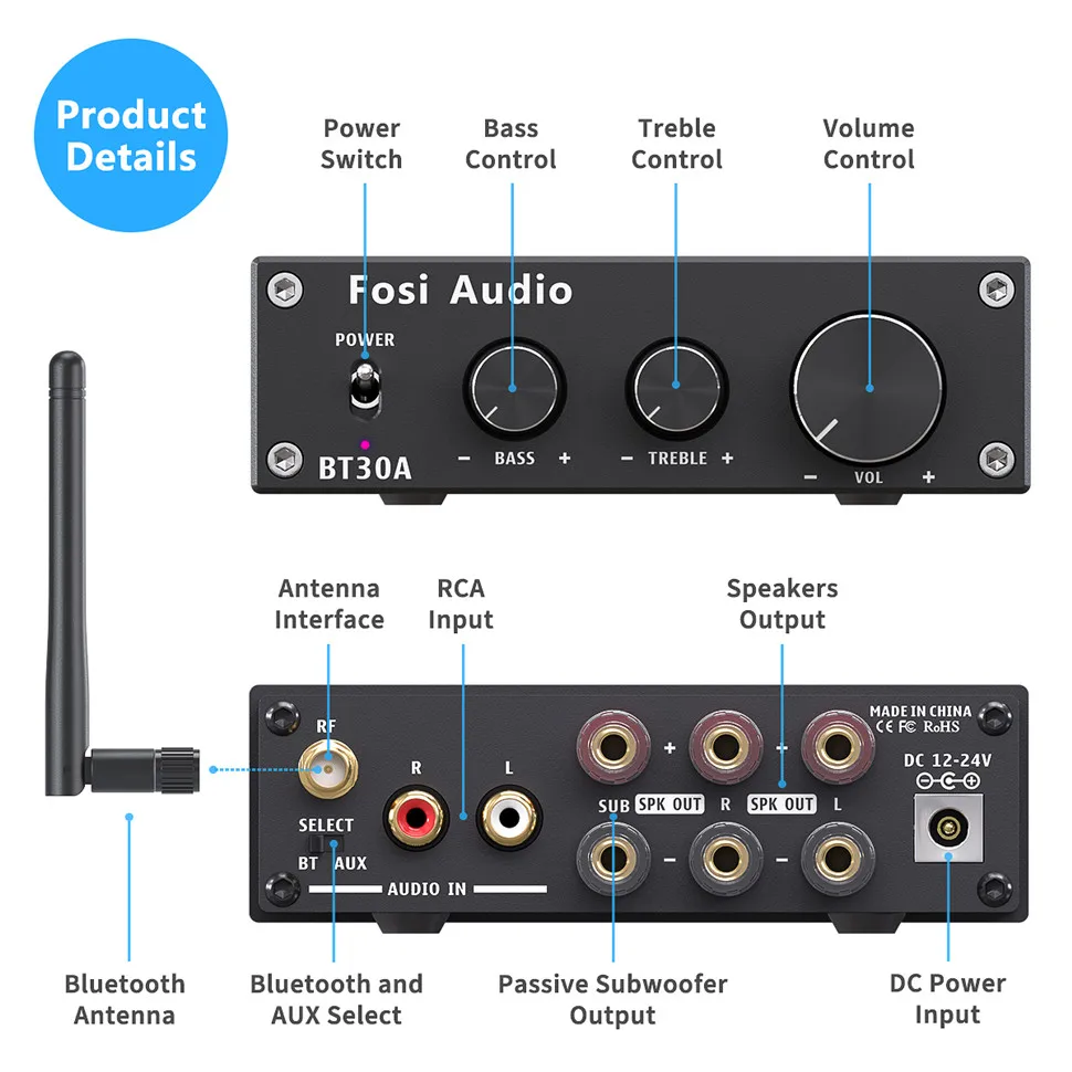 Fosi Audio BT30A amplificateur Bluetooth numérique 2.1 canaux avec amplificateur Audio stéréo basse et aigus pour haut-parleurs passifs domestiques caisson de basses