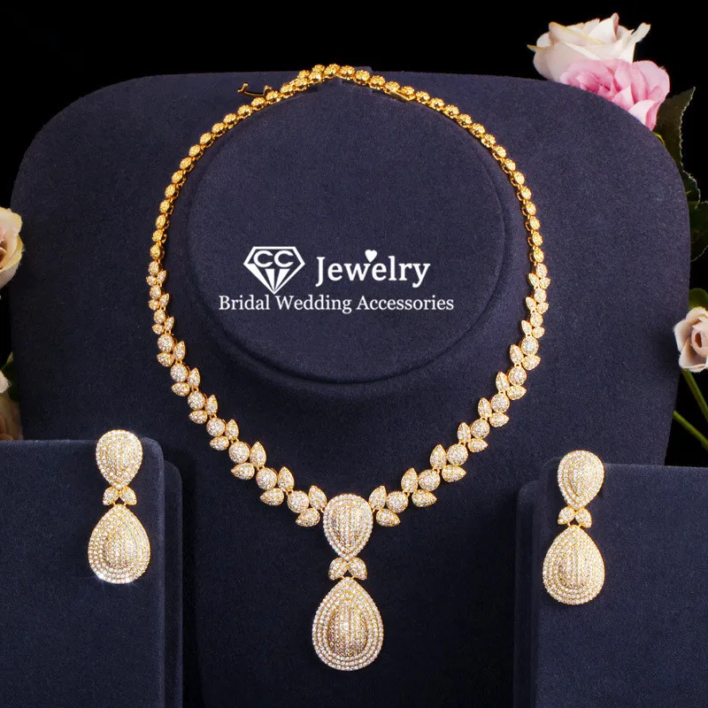 

CC Bridal Jewelry Sets S925 Wedding Accessories for Women Drop Earring Necklace Set Luxury Jewellery Pageant Bijoux Gift T0114