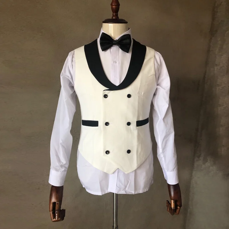 

2020 Ivory Men Suits Vest Black Shawl Lapel Male Wedding Waistcoat Homme Double Breasted Formal Slim Fit Business Prom Party